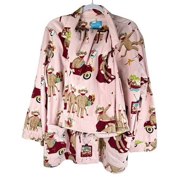Nick & Nora Pink Sock Monkey Print 2 Piece Long Sleeve Loungewear Pajama Set XL - Picture 1 of 11